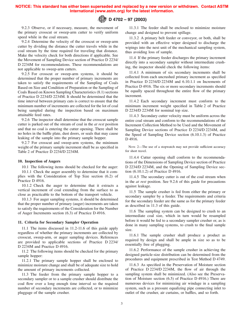 ASTM D4702-97(2003) - Standard Guide for Inspecting Crosscut, Sweep-Arm, and Auger Mechanical Coal-Sampling Systems for Conformance with Current ASTM Standards