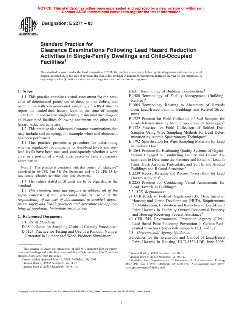 ASTM E2271-03 - Standard Practice for Clearance Examinations Following Lead Hazard Reduction Activities in Single-Family Dwellings and Child-Occupied Facilities