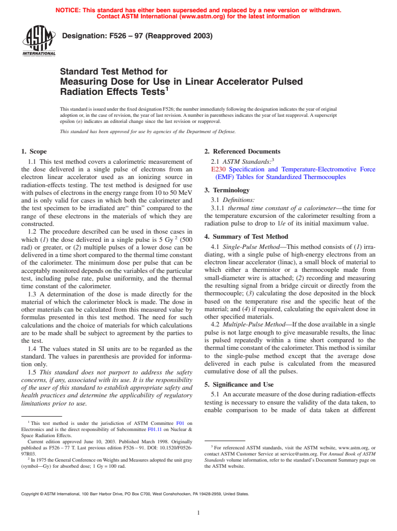 ASTM F526-97(2003) - Standard Test Method for Measuring Dose for Use in Linear Accelerator Pulsed Radiation Effects Tests