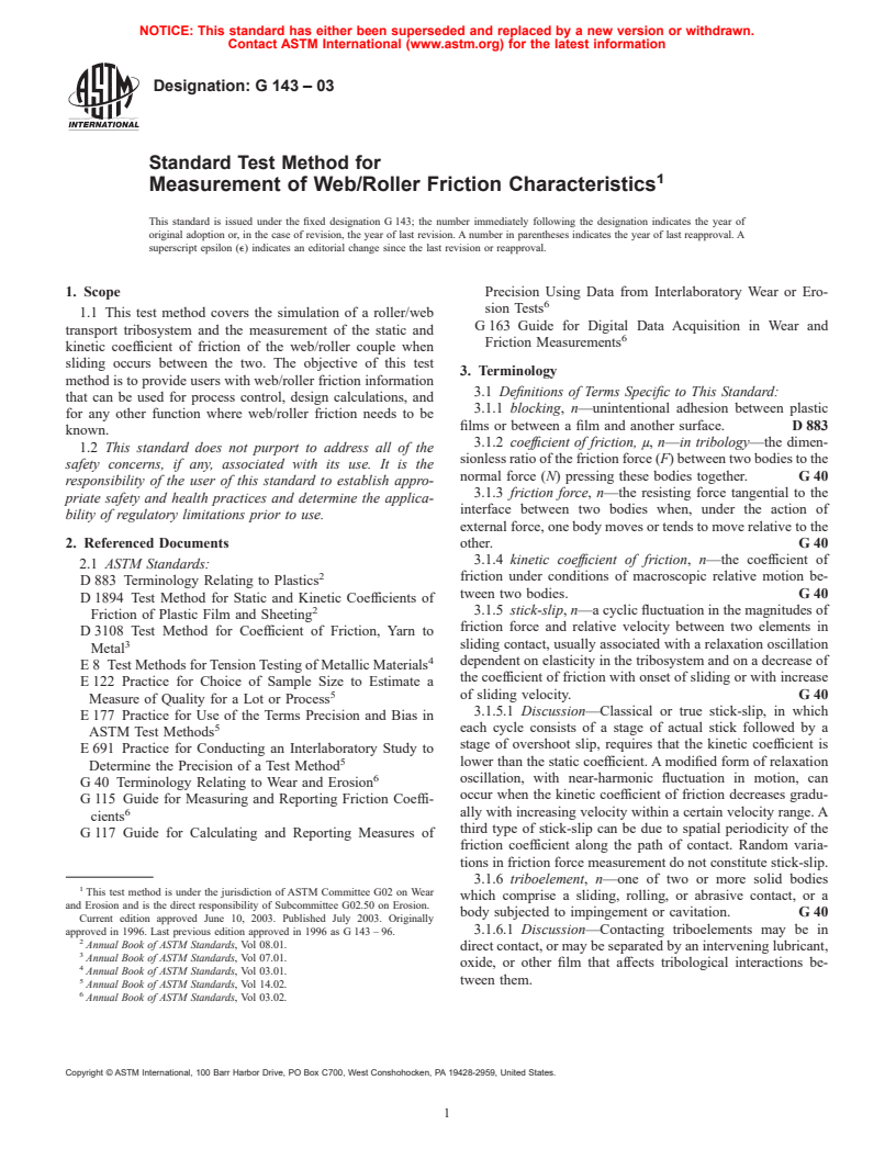 ASTM G143-03 - Standard Test Method for Measurement of Web/Roller Friction Characteristics