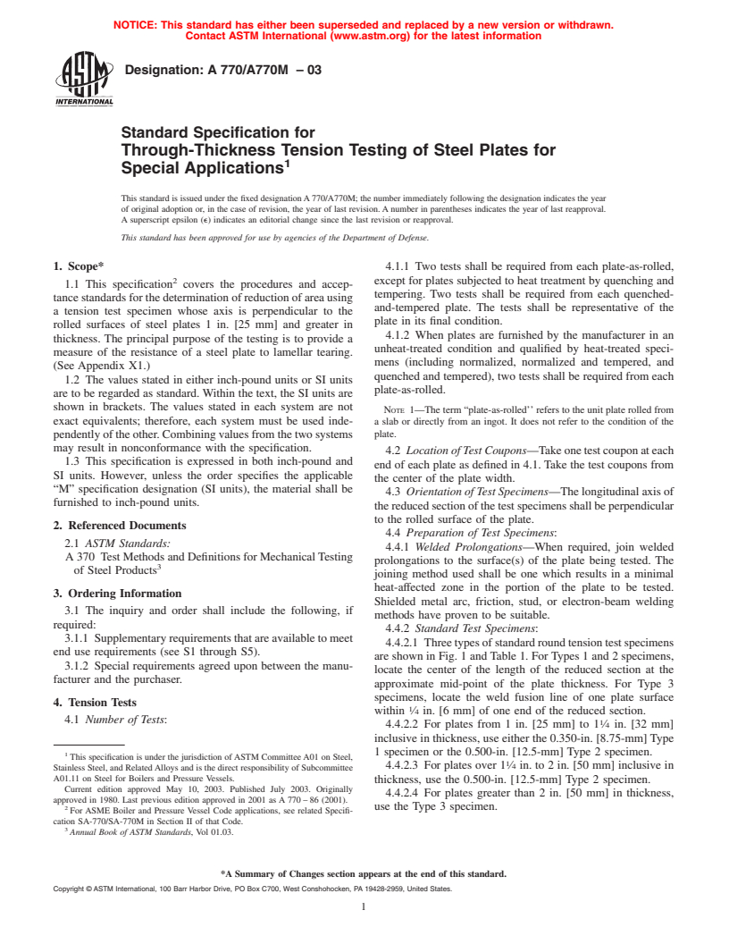 ASTM A770/A770M-03 - Standard Specification for Through-Thickness Tension Testing of Steel Plates for Special Applications