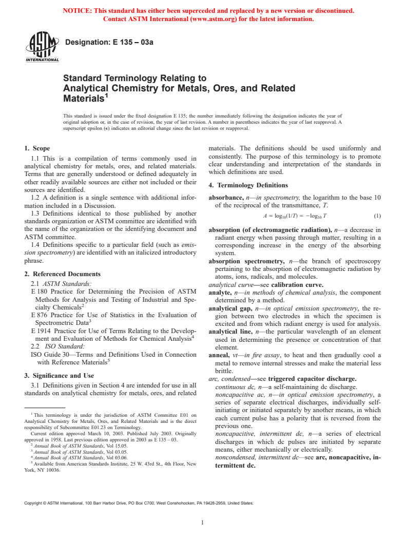 ASTM E135-03a - Standard Terminology Relating to Analytical Chemistry for Metals, Ores, and Related Materials