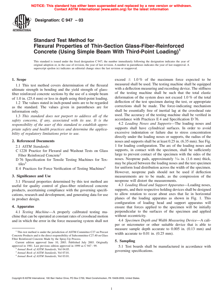 ASTM C947-03 - Standard Test Method for Flexural Properties of Thin-Section Glass-Fiber-Reinforced Concrete (Using Simple Beam With Third-Point Loading)