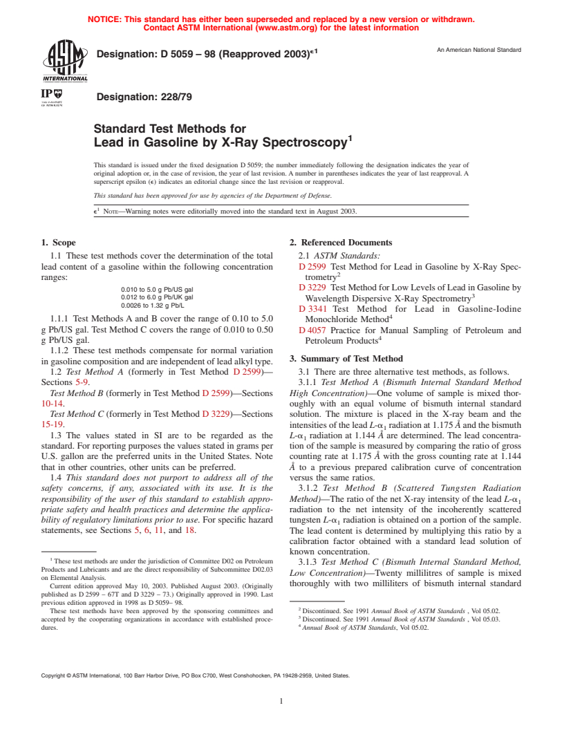 ASTM D5059-98(2003)e1 - Standard Test Methods for Lead in Gasoline by X-Ray Spectroscopy