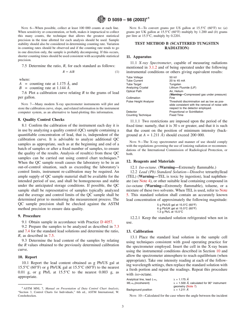 ASTM D5059-98(2003)e1 - Standard Test Methods for Lead in Gasoline by X-Ray Spectroscopy