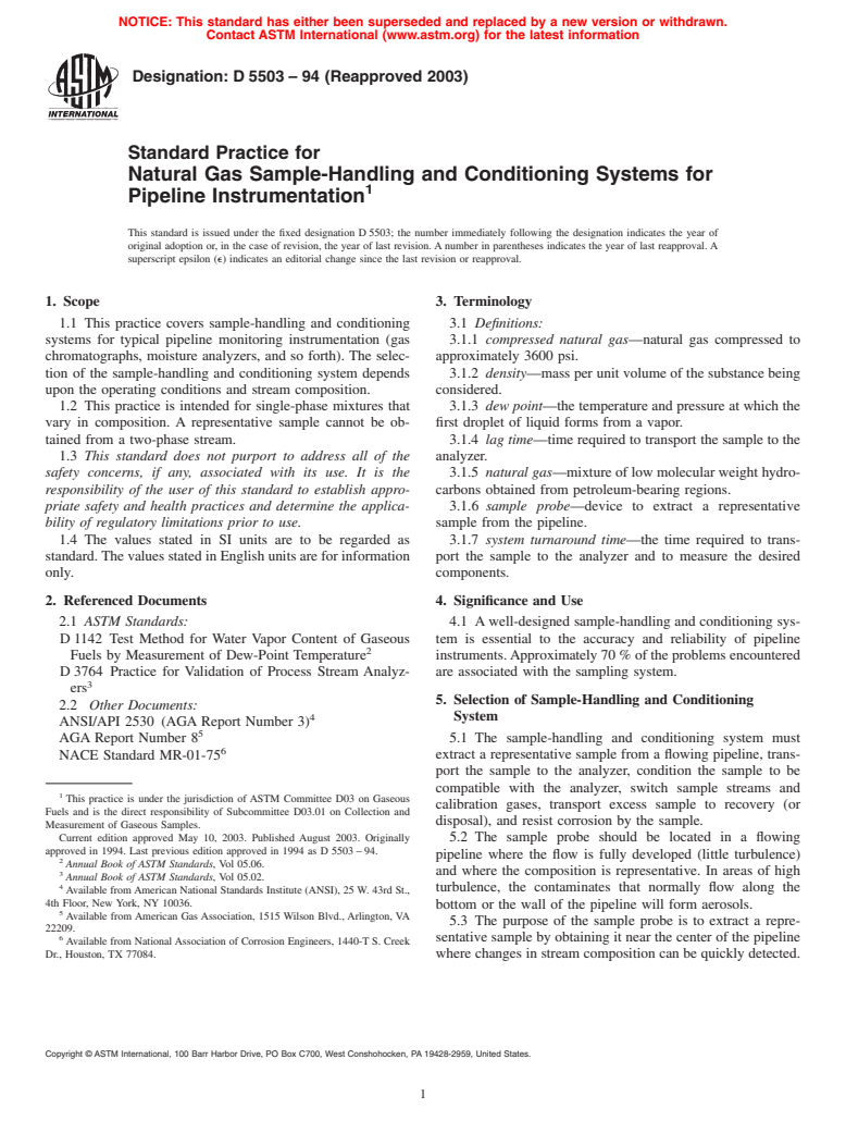 ASTM D5503-94(2003) - Standard Practice for Natural Gas Sample-Handling and Conditioning Systems for Pipeline Instrumentation