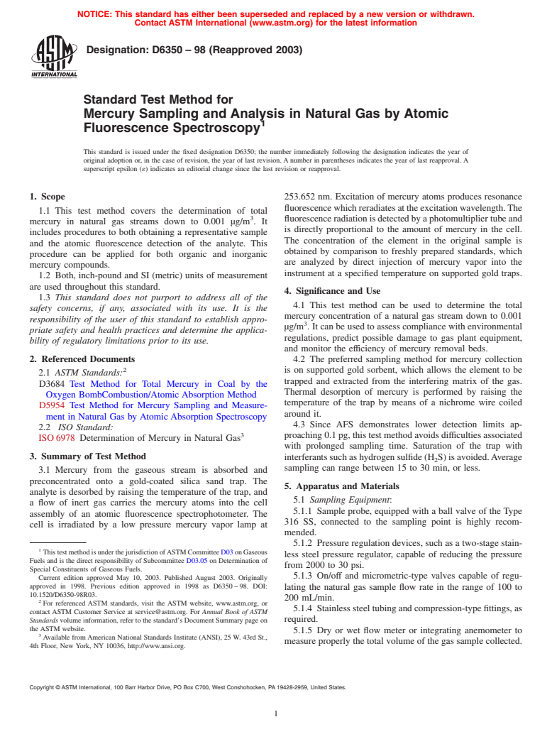 ASTM D6350-98(2003) - Standard Test Method for Mercury Sampling and Analysis in Natural Gas by Atomic Fluorescence Spectroscopy (Withdrawn 2012)
