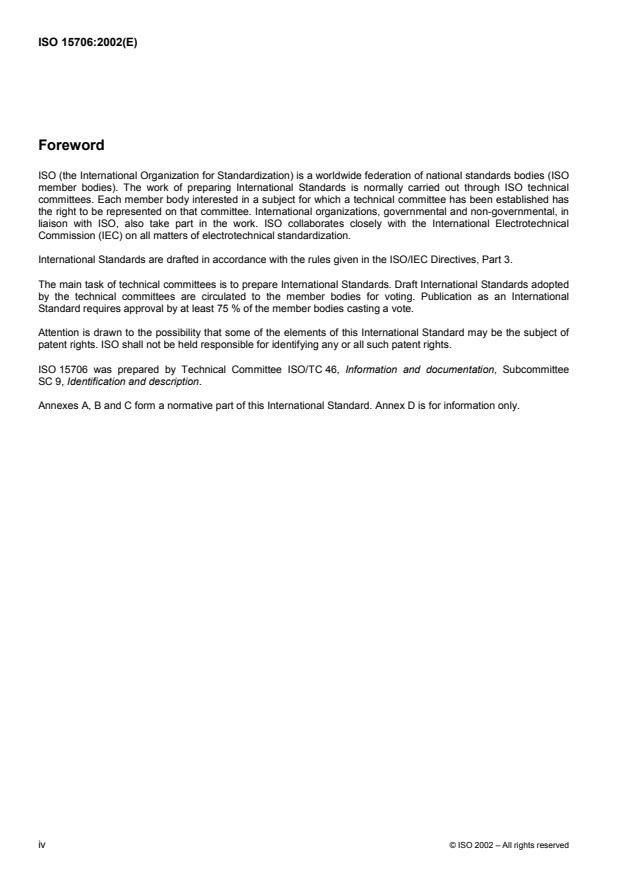ISO 15706-1:2002 ISO 15706-1:2002 - Information and documentation -- International Standard Audiovisual Number (ISAN) - Page 4 preview