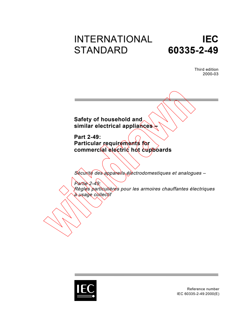 IEC 60335-2-49:2000 - Safety of household and similar electrical appliances - Part 2-49: Particular requirements for commercial electric hot cupboards
Released:3/16/2000
Isbn:2831851785