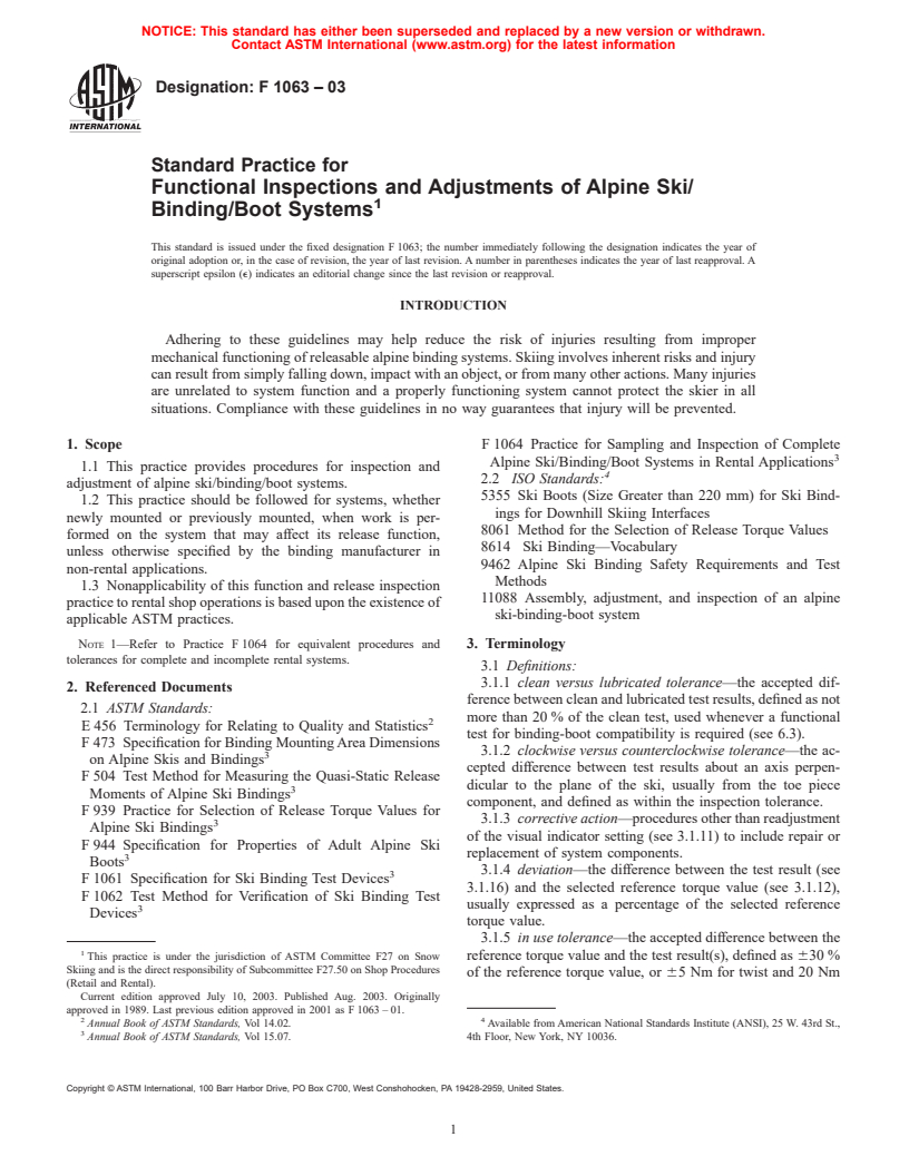 ASTM F1063-03 - Standard Practice for Functional Inspections and Adjustments of Alpine Ski/Binding/Boot Systems