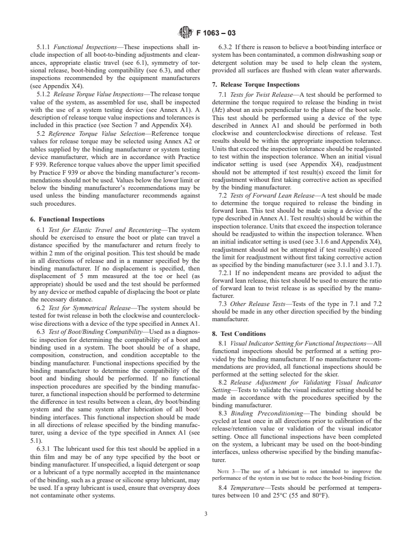 ASTM F1063-03 - Standard Practice for Functional Inspections and Adjustments of Alpine Ski/Binding/Boot Systems