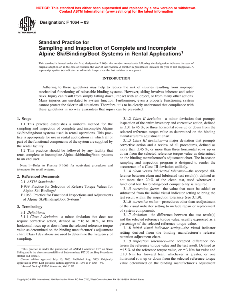 ASTM F1064-03 - Standard Practice for Sampling and Inspection of Complete and Incomplete Alpine Ski/Binding/Boot Systems in Rental Applications