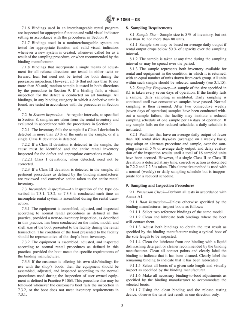 ASTM F1064-03 - Standard Practice for Sampling and Inspection of Complete and Incomplete Alpine Ski/Binding/Boot Systems in Rental Applications