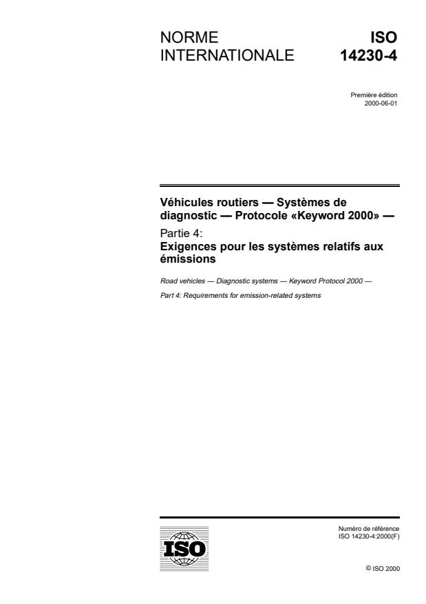 ISO 14230-4:2000 - Véhicules routiers -- Systemes de diagnostic -- Protocole  "Keyword  2000"