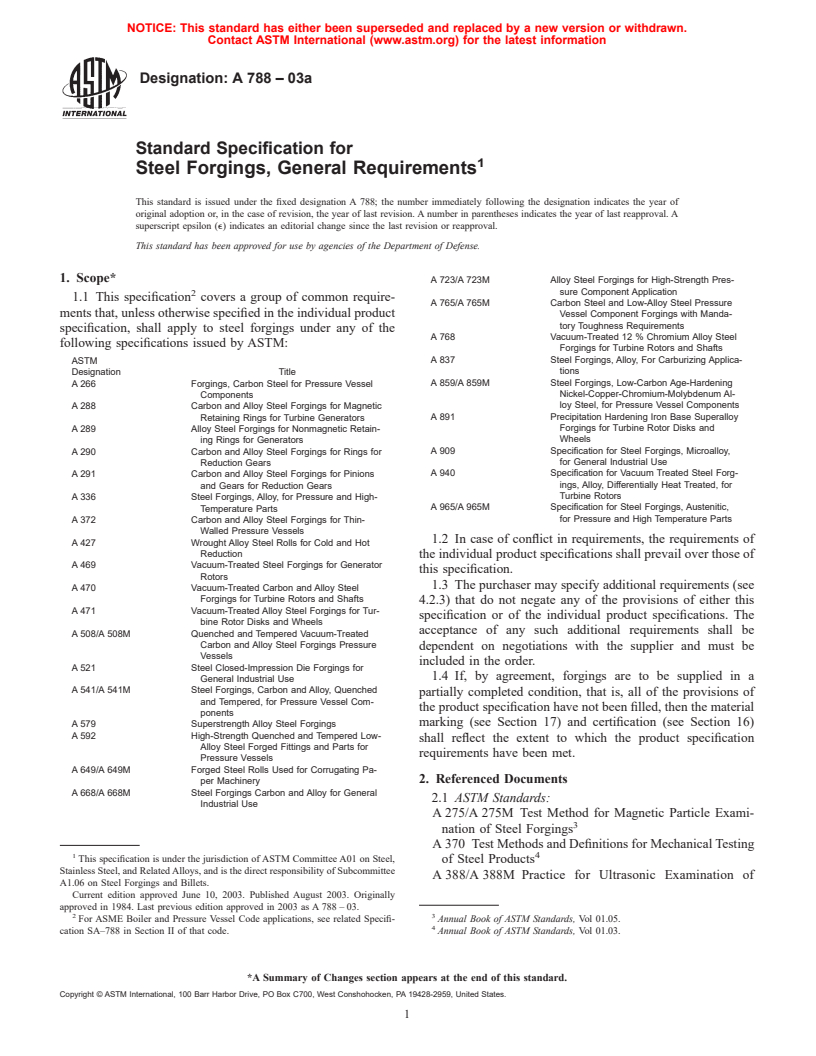 ASTM A788-03a - Standard Specification for Steel Forgings, General Requirements