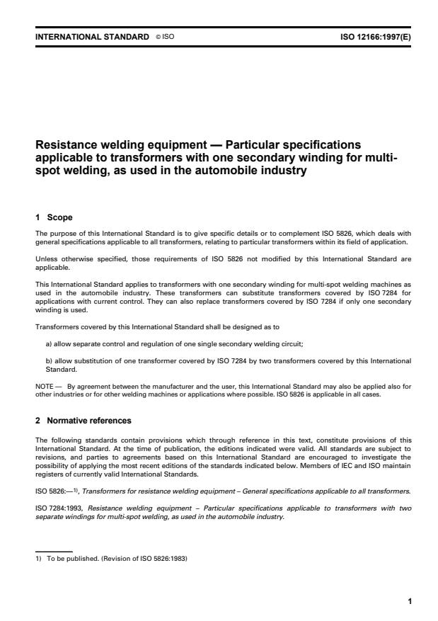 ISO 12166:1997 - Resistance welding equipment -- Particular specifications applicable to transformers with one secondary winding for multi-spot welding, as used in the automobile industry