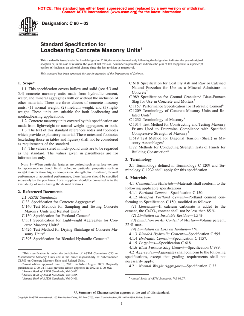 ASTM C90-03 - Standard Specification for Loadbearing Concrete Masonry Units