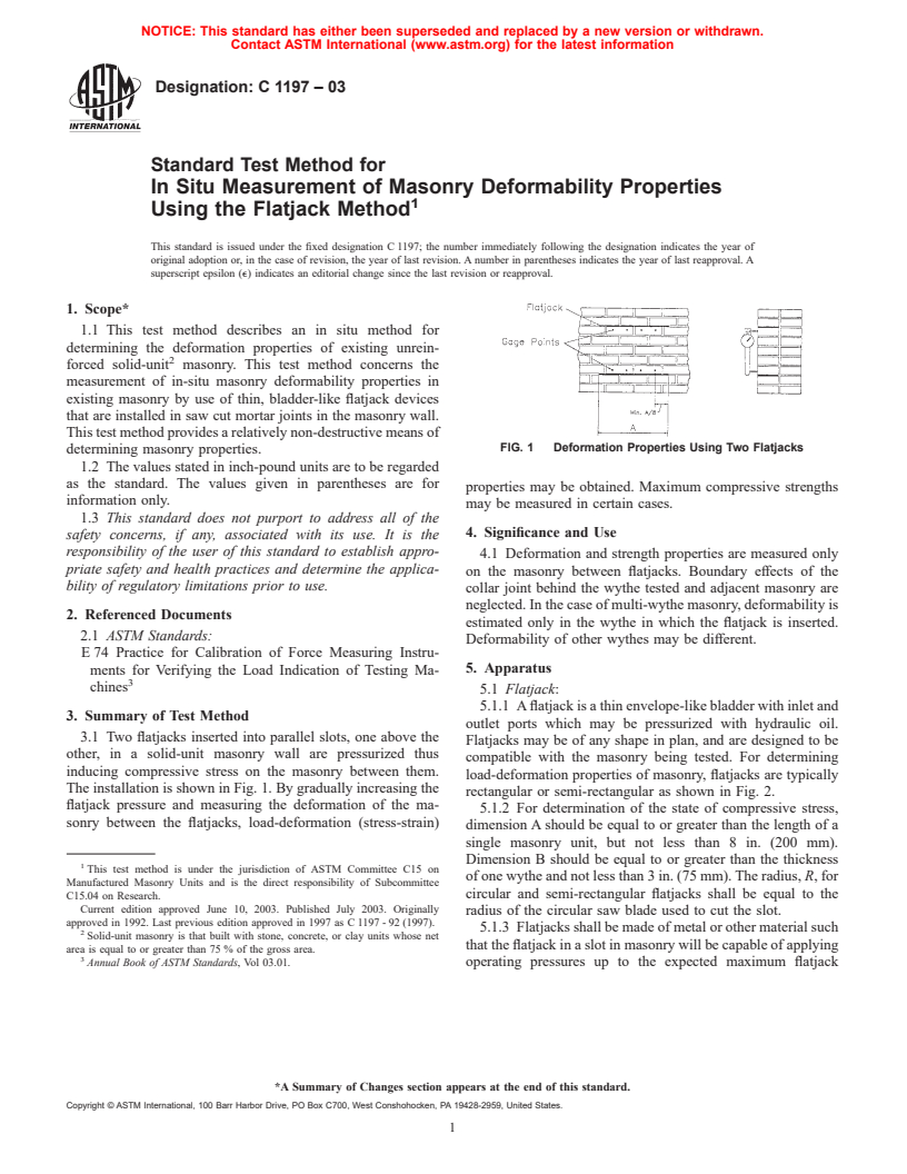 ASTM C1197-03 - Standard Test Method for In Situ Measurement of Masonry Deformability Properties Using the Flatjack Method