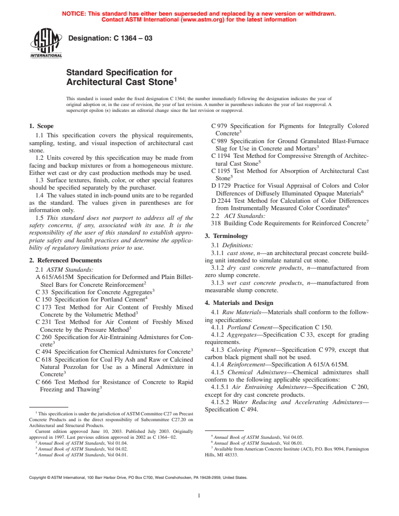 ASTM C1364-03 - Standard Specification for Architectural Cast Stone