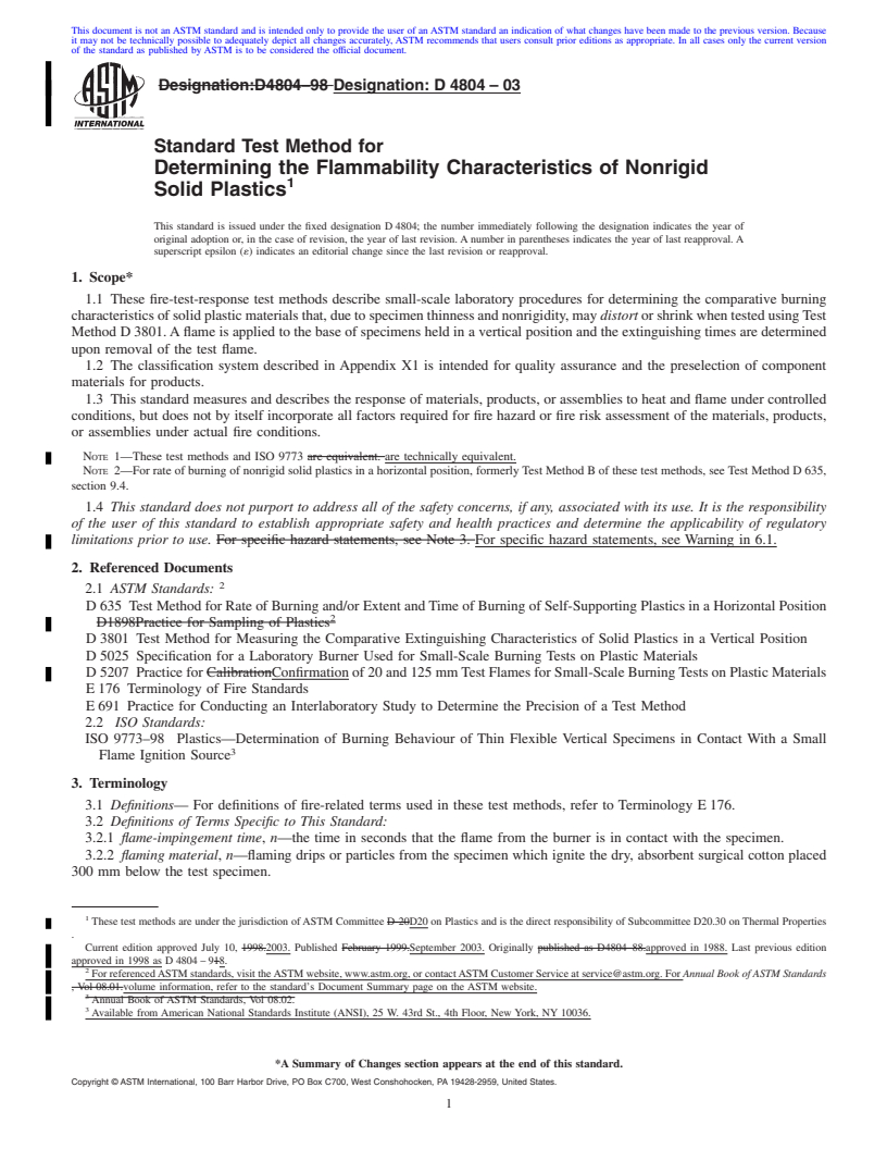 REDLINE ASTM D4804-03 - Standard Test Method for Determining the Flammability Characteristics of Nonrigid Solid Plastics