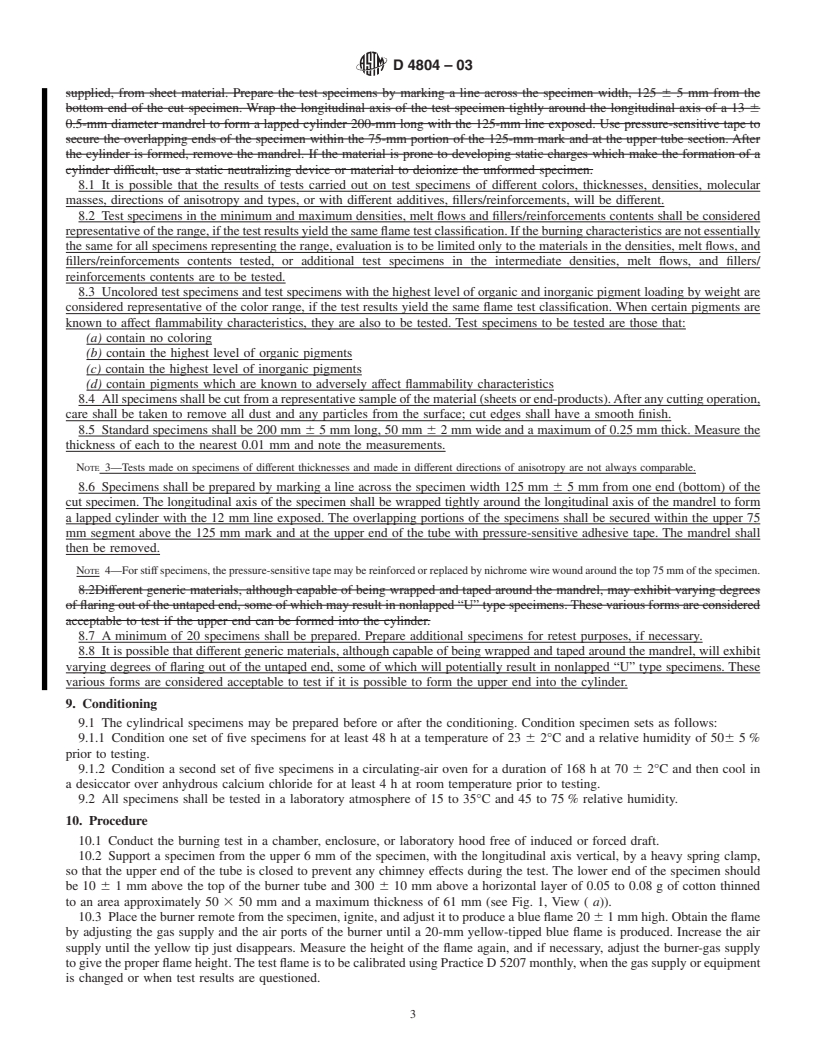 REDLINE ASTM D4804-03 - Standard Test Method for Determining the Flammability Characteristics of Nonrigid Solid Plastics