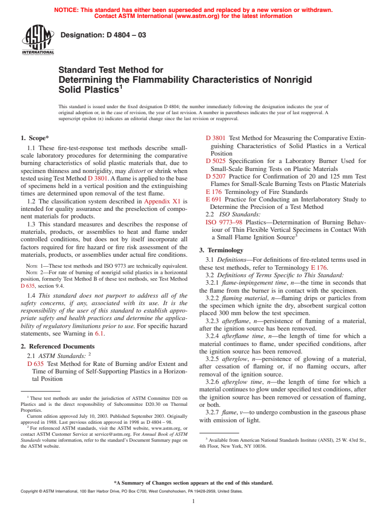 ASTM D4804-03 - Standard Test Method for Determining the Flammability Characteristics of Nonrigid Solid Plastics