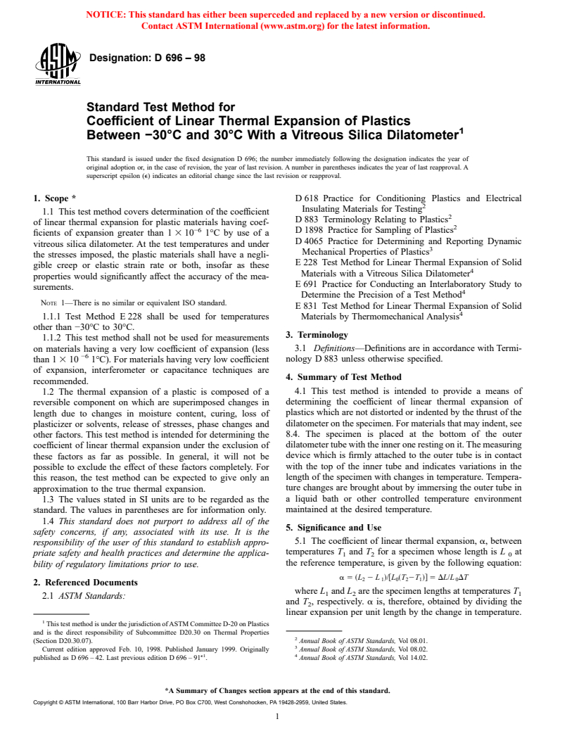 ASTM D696-98 - Standard Test Method for Coefficient of Linear Thermal Expansion of Plastics Between -30&#176C and 30&#176C With a Vitreous Silica Dilatometer