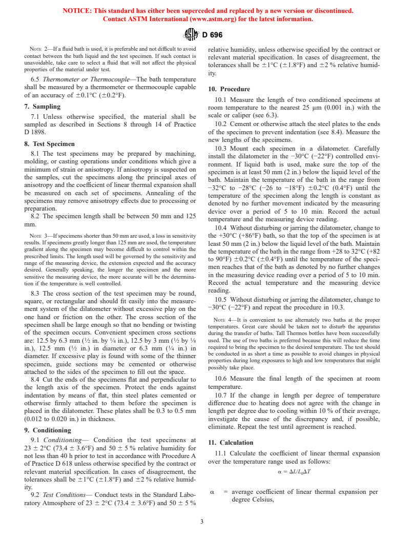 ASTM D696-98 - Standard Test Method for Coefficient of Linear Thermal Expansion of Plastics Between -30&#176C and 30&#176C With a Vitreous Silica Dilatometer