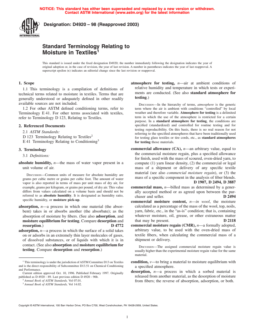 ASTM D4920-98(2003) - Standard Terminology Relating to Moisture in Textiles