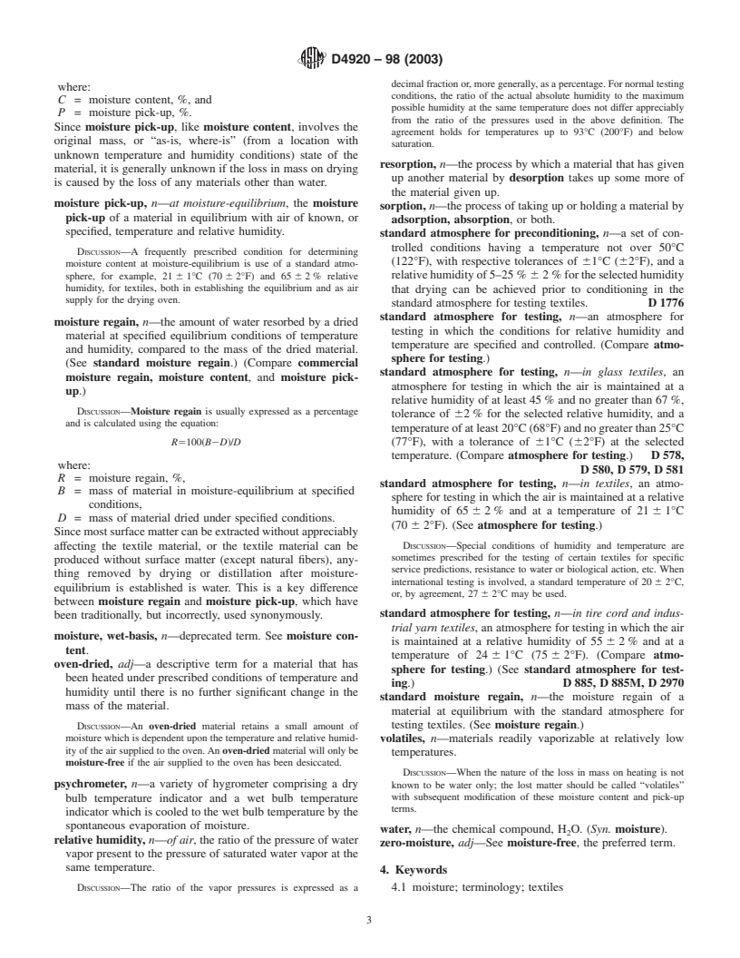 ASTM D4920-98(2003) - Standard Terminology Relating to Moisture in Textiles