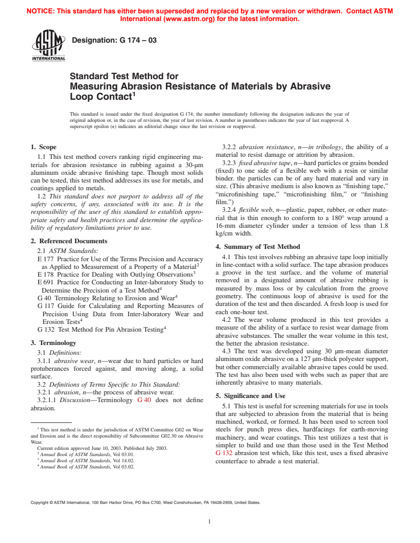 ASTM G174-03 - Standard Test Method for Measuring Abrasion Resistance of Materials by Abrasive Loop Contact