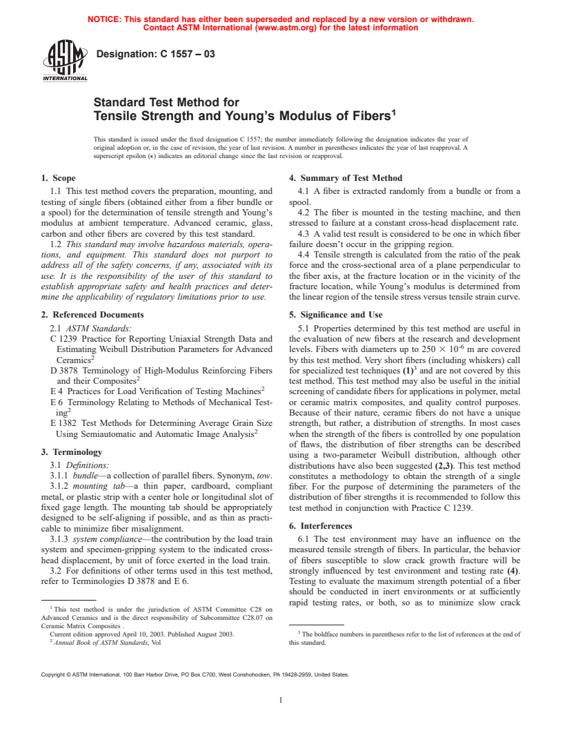 ASTM C1557-03 - Standard Test Method for Tensile Strength and Young's Modulus of Fibers