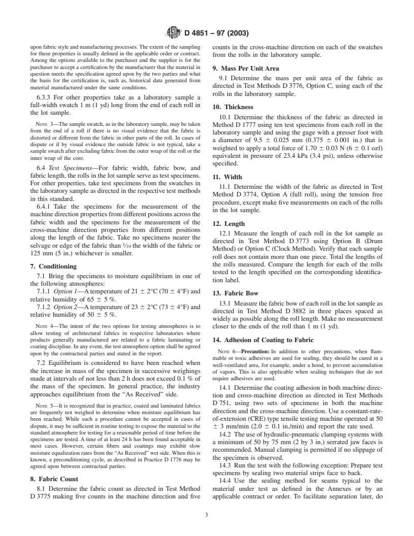 ASTM D4851-97(2003) - Standard Test Methods for Coated and Laminated Fabrics for Architectural Use