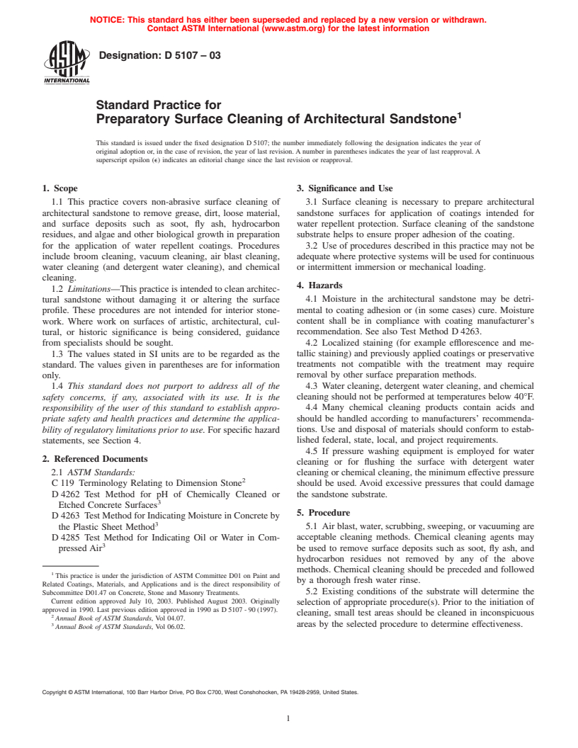 ASTM D5107-03 - Standard Practice for Preparatory Surface Cleaning of Architectural Sandstone