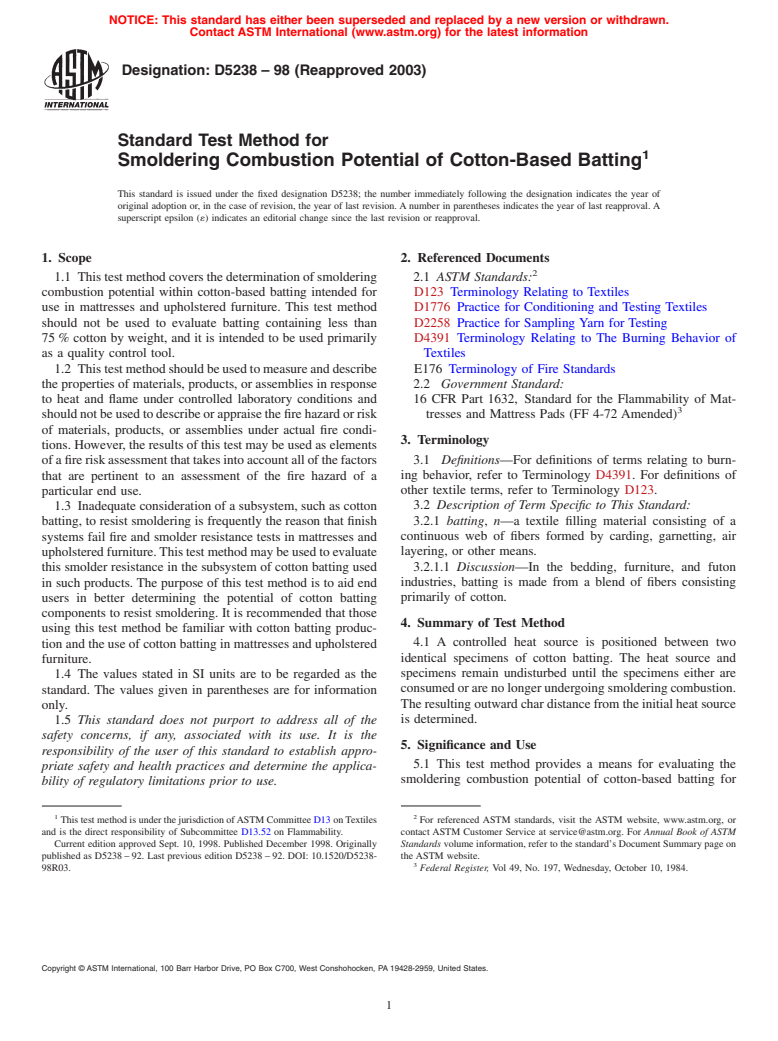 ASTM D5238-98(2003) - Standard Test Method for Smoldering Combustion Potential of Cotton-Based Batting