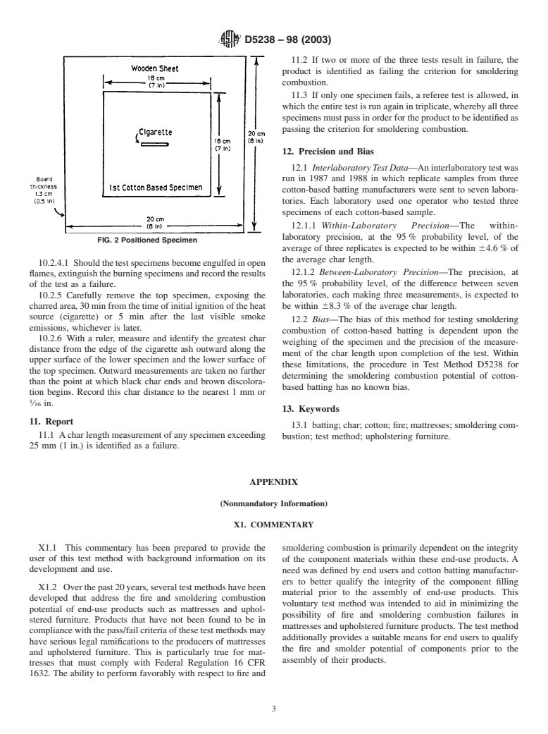 ASTM D5238-98(2003) - Standard Test Method for Smoldering Combustion Potential of Cotton-Based Batting