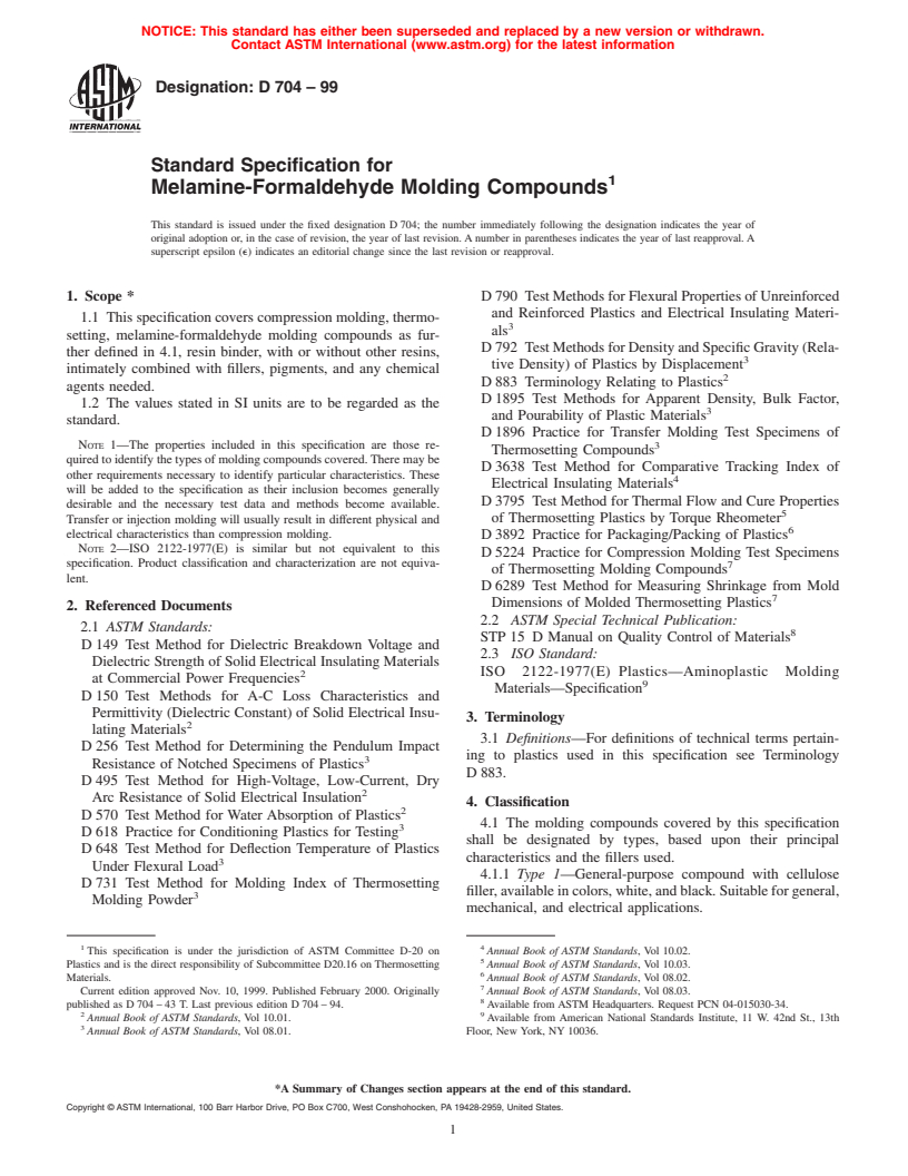 ASTM D704-99 - Standard Specification for Melamine-Formaldehyde Molding Compounds