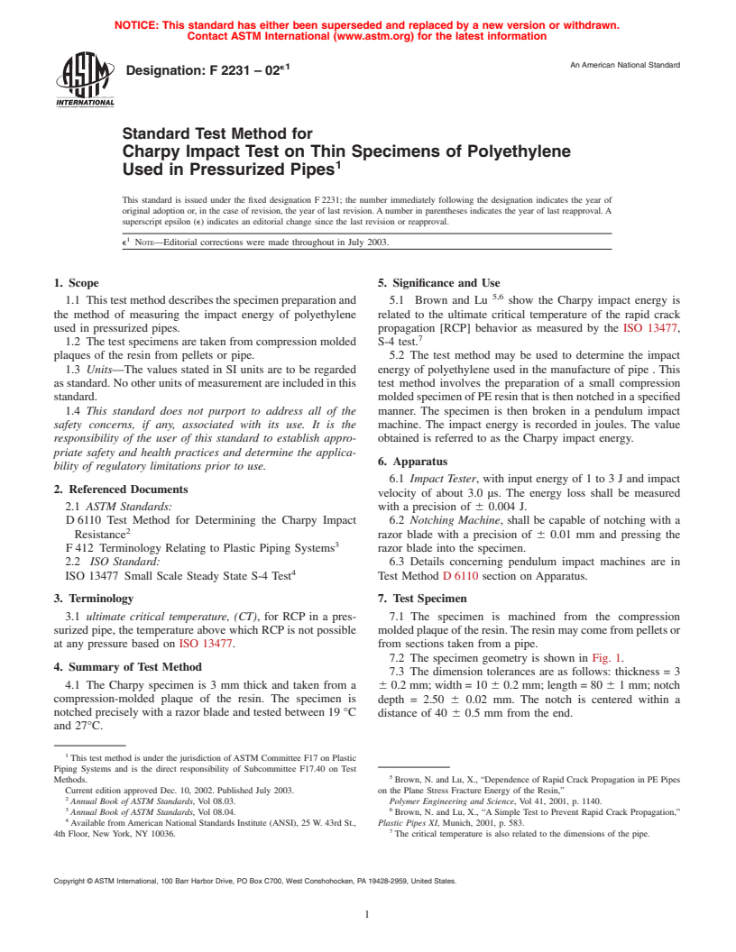 ASTM F2231-02e1 - Standard Test Method for Charpy Impact Test on Thin Specimens of Polyethylene Used in Pressurized Pipes