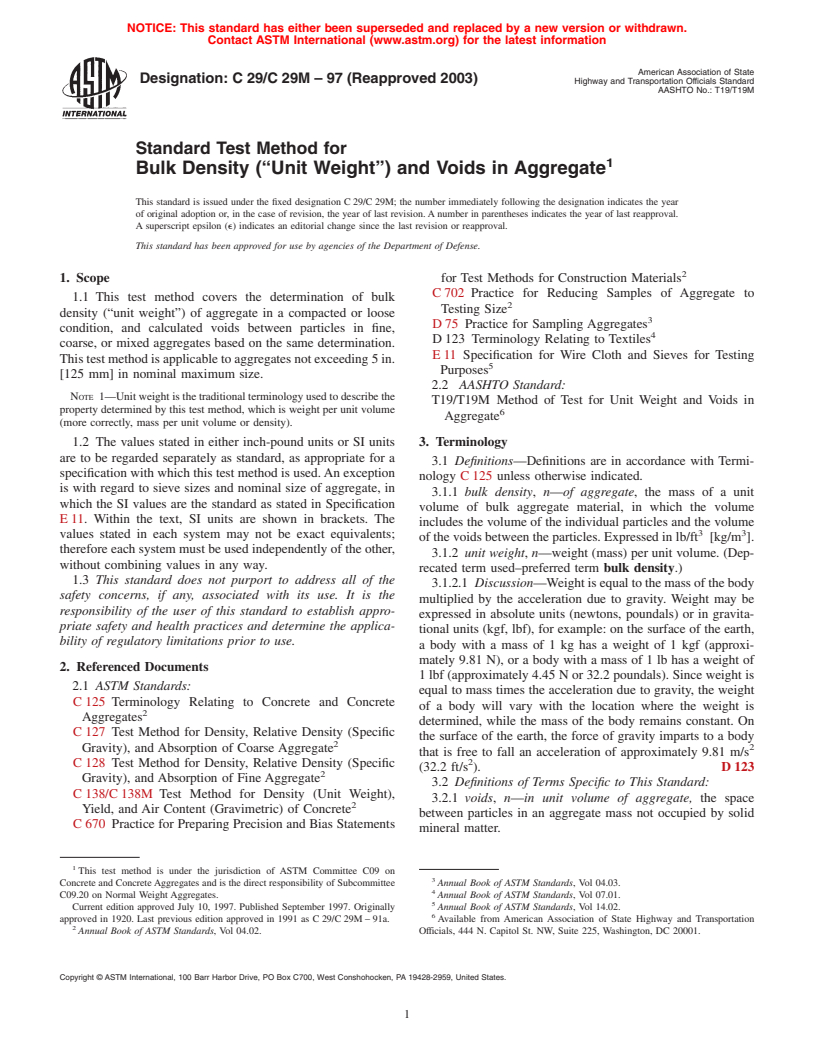 ASTM C29/C29M-97(2003) - Standard Test Method for Bulk Density ("Unit Weight") and Voids in Aggregate