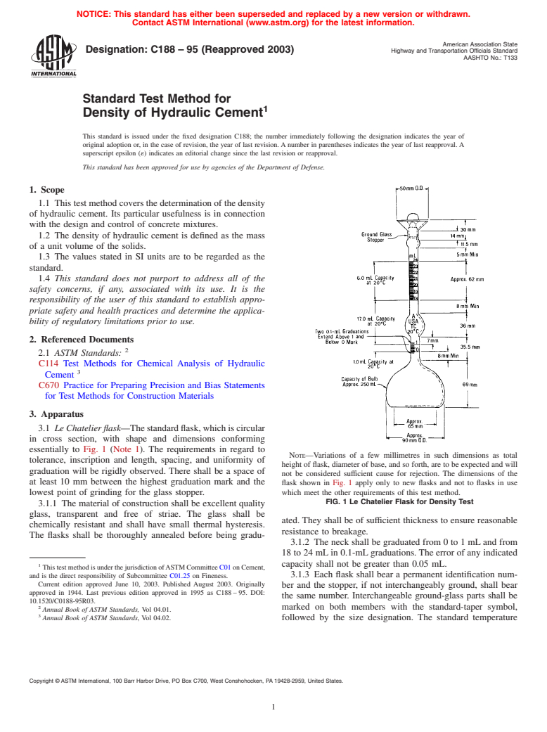 ASTM C188-95(2003) - Standard Test Method for Density of Hydraulic Cement