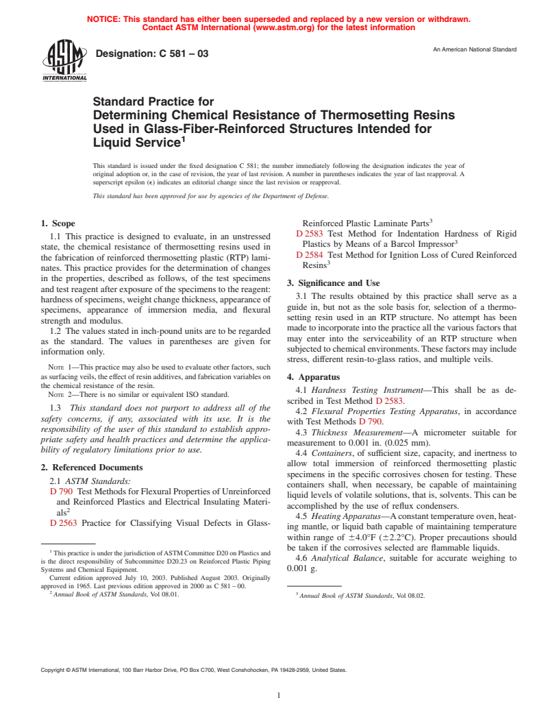 ASTM C581-03 - Standard Practice for Determining Chemical Resistance of Thermosetting Resins Used in Glass-Fiber-Reinforced Structures Intended for Liquid Service