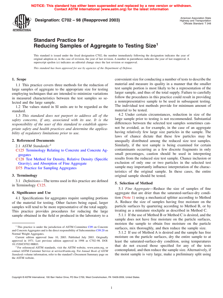 ASTM C702-98(2003) - Standard Practice for Reducing Samples of Aggregate to Testing Size