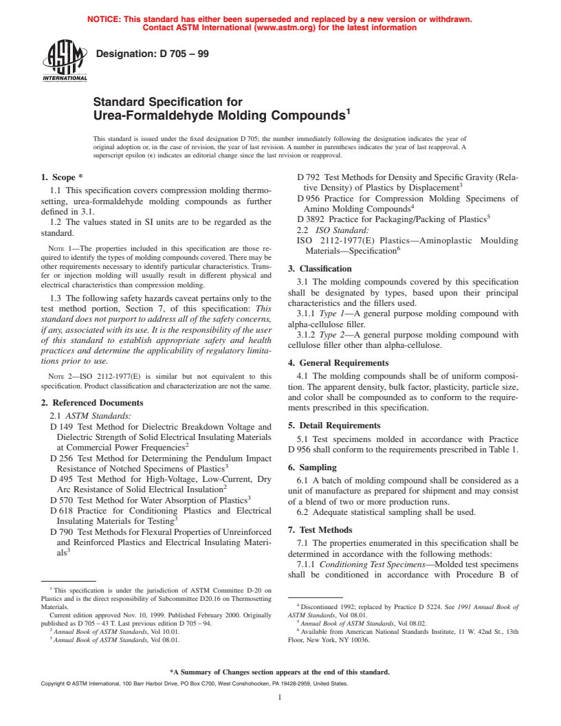 ASTM D705-99 - Standard Specification for Urea-Formaldehyde Molding Compounds