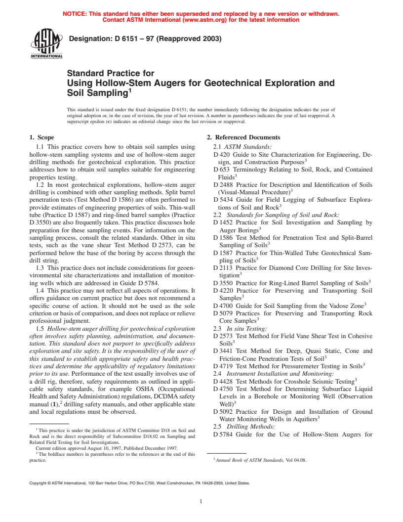 ASTM D6151-97(2003) - Standard Practice for Using Hollow-Stem Augers for Geotechnical Exploration and Soil Sampling