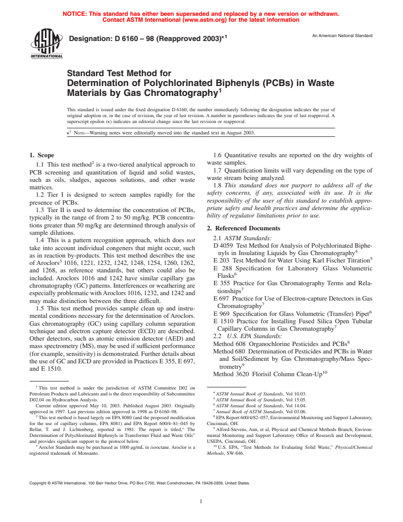 ASTM D6160-98(2003)e1 - Standard Test Method for Determination of Polychlorinated Biphenyls (PCBs) in Waste Materials by Gas Chromatography