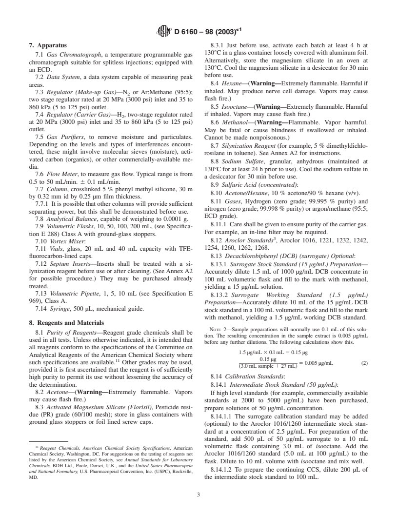 ASTM D6160-98(2003)e1 - Standard Test Method for Determination of Polychlorinated Biphenyls (PCBs) in Waste Materials by Gas Chromatography