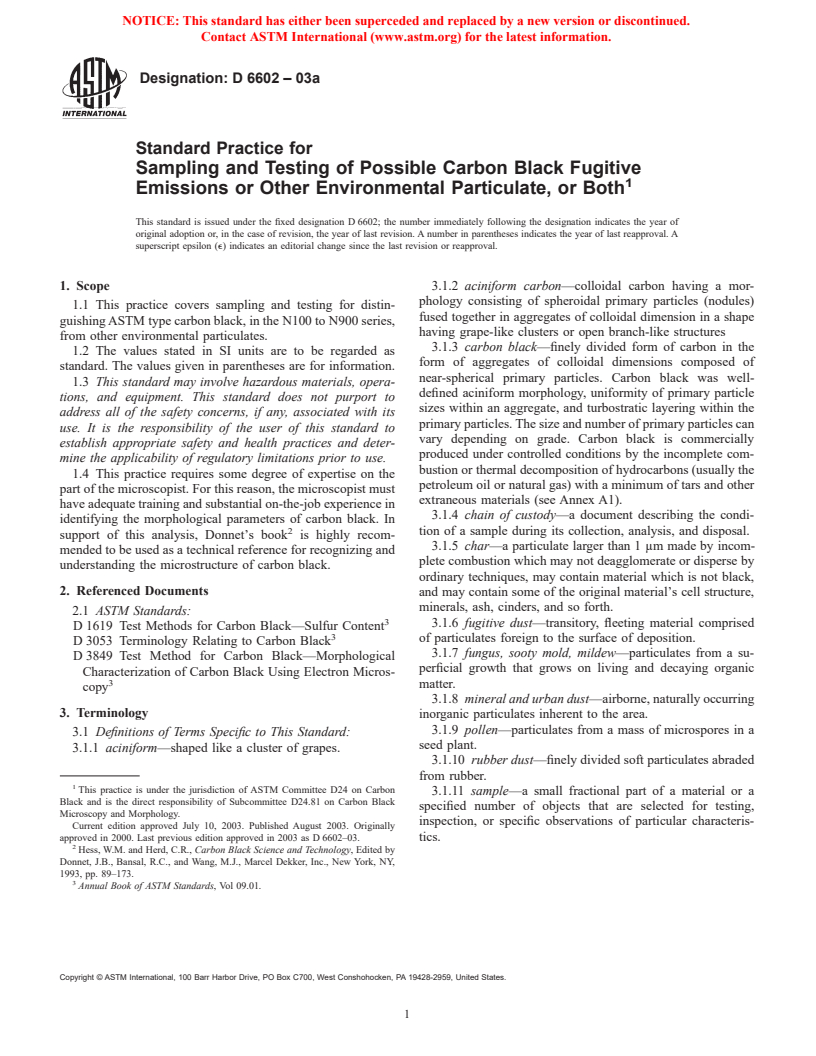 ASTM D6602-03a - Standard Practice for Sampling and Testing of Possible Carbon Black Fugitive Emissions or Other Environmental Particulate, or Both