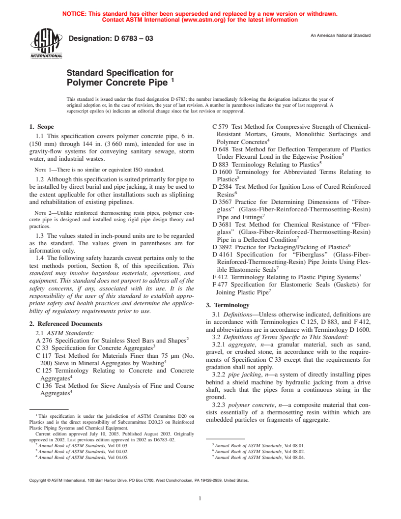 ASTM D6783-03 - Standard Specification for Polymer Concrete Pipe