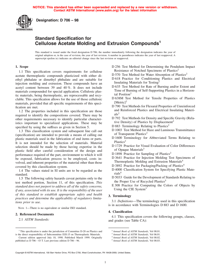 ASTM D706-98 - Standard Specification for Cellulose Acetate Molding and Extrusion Compounds