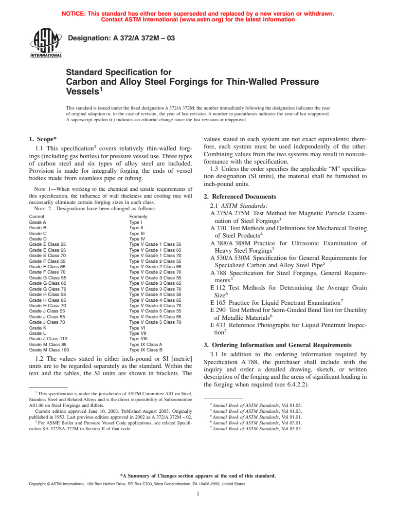 ASTM A372/A372M-03 - Standard Specification for Carbon and Alloy Steel Forgings for Thin-Walled Pressure Vessels